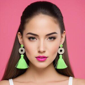 Bright Green And Beige Tassel Earrings,  Beige And Green Dangle Fringe Earrings